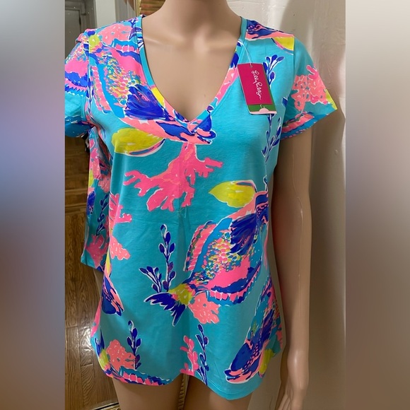 Lilly Pulitzer Michelle V-Neck top schorely blue and pink - Picture 11 of 15